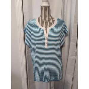 Lauren Active Ralph Lauren Women's Striped  Top White & Turquoise Button‎ Henley
